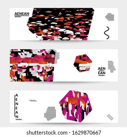 Abstract vector templates with geometric shapes filled with bright colored stripes. Digital hi tech visualization as global information design for marketing technology. Bid data industrial analyses.