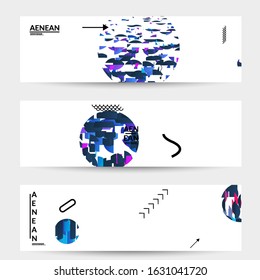 Abstract vector templates with geometric shapes filled with bright colored stripes. Digital hi tech visualization as global information design for marketing technology. Bid data industrial analyses.