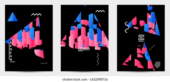 Abstract vector templates with geometric shapes filled with bright colored stripes. Digital hi tech visualization as global information design for marketing technology. Bid data industrial analyses.