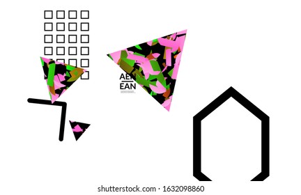 Abstract vector templates with geometric shapes filled with bright colored stripes. Digital hi tech visualization as global information design for marketing technology. Bid data industrial analyses.