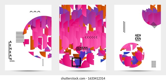Abstract vector templates with geometric shapes filled with bright colored stripes. Digital hi tech visualization as global information design for marketing technology. Bid data industrial analyses.