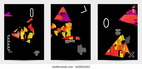 Abstract vector templates with geometric shapes filled with bright colored stripes. Digital hi tech visualization as global information design for marketing technology. Bid data industrial analyses.