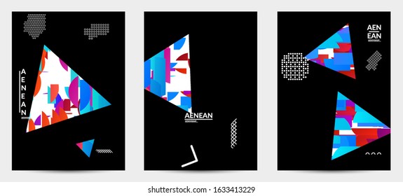 Abstract vector templates with geometric shapes filled with bright colored stripes. Digital hi tech visualization as global information design for marketing technology. Bid data industrial analyses.