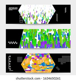 Abstract vector templates with geometric shapes filled with bright colored stripes. Digital hi tech visualization as global information design for marketing technology. Bid data industrial analyses.