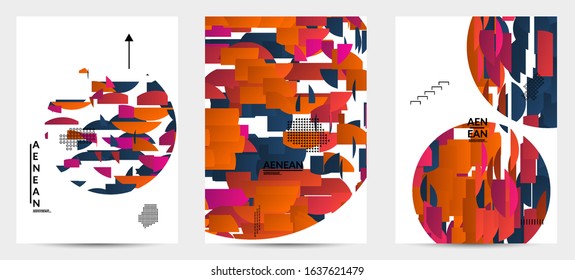 Abstract vector templates with geometric shapes filled with bright colored stripes. Digital hi tech visualization as global information design for marketing technology. Bid data industrial analyses.