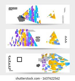 Abstract vector templates with geometric shapes filled with bright colored stripes. Digital hi tech visualization as global information design for marketing technology. Bid data industrial analyses.