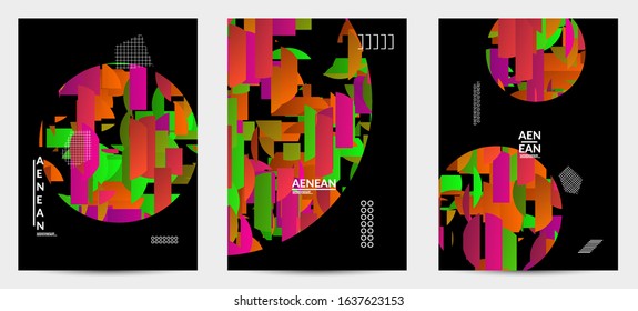 Abstract vector templates with geometric shapes filled with bright colored stripes. Digital hi tech visualization as global information design for marketing technology. Bid data industrial analyses.