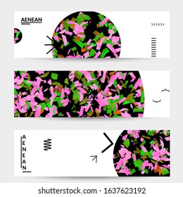 Abstract vector templates with geometric shapes filled with bright colored stripes. Digital hi tech visualization as global information design for marketing technology. Bid data industrial analyses.
