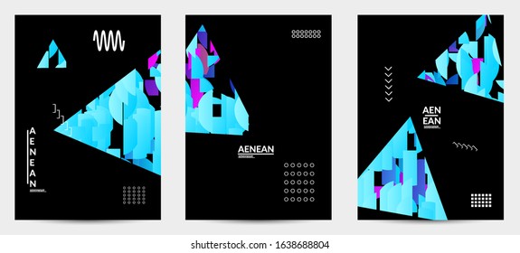 Abstract vector templates with geometric shapes filled with bright colored stripes. Digital hi tech visualization as global information design for marketing technology. Bid data industrial analyses.