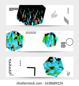 Abstract vector templates with geometric shapes filled with bright colored stripes. Digital hi tech visualization as global information design for marketing technology. Bid data industrial analyses.
