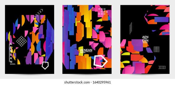 Abstract vector templates with geometric shapes filled with bright colored stripes. Digital hi tech visualization as global information design for marketing technology. Bid data industrial analyses.