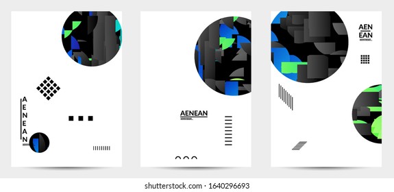 Abstract vector templates with geometric shapes filled with bright colored stripes. Digital hi tech visualization as global information design for marketing technology. Bid data industrial analyses.