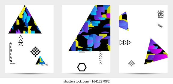 Abstract vector templates with geometric shapes filled with bright colored stripes. Digital hi tech visualization as global information design for marketing technology. Bid data industrial analyses.