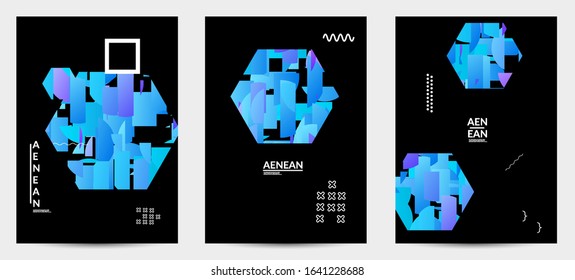 Abstract vector templates with geometric shapes filled with bright colored stripes. Digital hi tech visualization as global information design for marketing technology. Bid data industrial analyses.