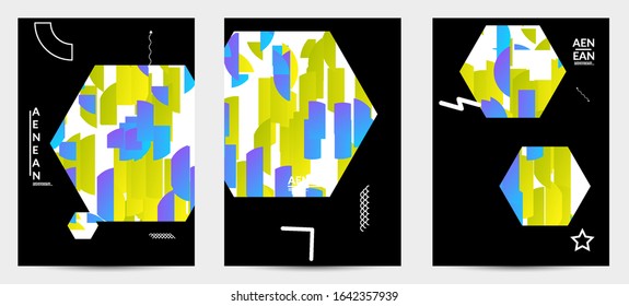 Abstract vector templates with geometric shapes filled with bright colored stripes. Digital hi tech visualization as global information design for marketing technology. Bid data industrial analyses.