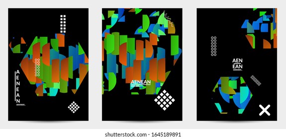 Abstract vector templates with geometric shapes filled with bright colored stripes. Digital hi tech visualization as global information design for marketing technology. Bid data industrial analyses.