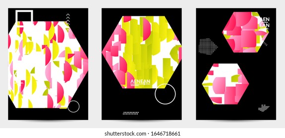 Abstract vector templates with geometric shapes filled with bright colored stripes. Digital hi tech visualization as global information design for marketing technology. Bid data industrial analyses.