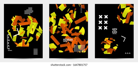 Plantillas vectoriales abstractas con formas geométricas rellenas de rayas de colores vivos. Visualización digital de alta tecnología como diseño de información global para tecnología de marketing. Análisis industrial de datos de pujas.