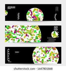 Abstract vector templates with geometric shapes filled with bright colored stripes. Digital hi tech visualization as global information design for marketing technology. Bid data industrial analyses.