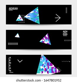 Abstract vector templates with geometric shapes filled with bright colored stripes. Digital hi tech visualization as global information design for marketing technology. Bid data industrial analyses.