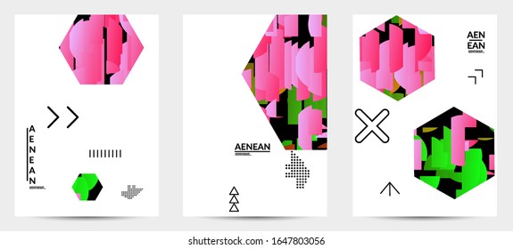 Abstract vector templates with geometric shapes filled with bright colored stripes. Digital hi tech visualization as global information design for marketing technology. Bid data industrial analyses.