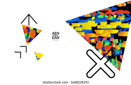 Abstract vector templates with geometric shapes filled with bright colored stripes. Digital hi tech visualization as global information design for marketing technology. Bid data industrial analyses.
