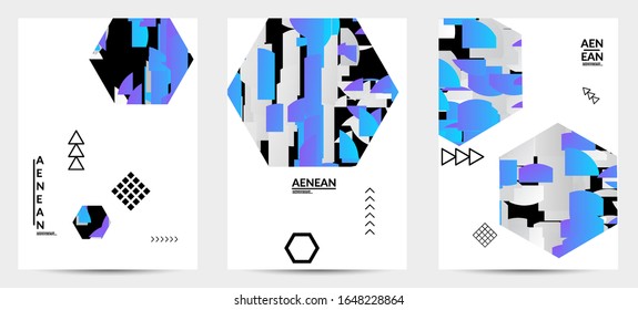 Abstract vector templates with geometric shapes filled with bright colored stripes. Digital hi tech visualization as global information design for marketing technology. Bid data industrial analyses.