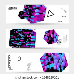 Abstract vector templates with geometric shapes filled with bright colored stripes. Digital hi tech visualization as global information design for marketing technology. Bid data industrial analyses.