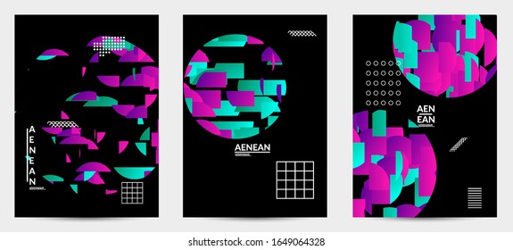 Plantillas vectoriales abstractas con formas geométricas rellenas de rayas de colores vivos. Visualización digital de alta tecnología como diseño de información global para tecnología de marketing. Análisis industrial de datos de pujas.