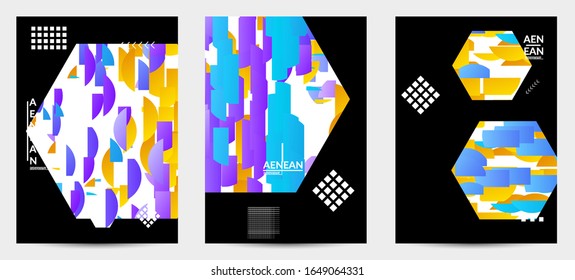 Abstract vector templates with geometric shapes filled with bright colored stripes. Digital hi tech visualization as global information design for marketing technology. Bid data industrial analyses.