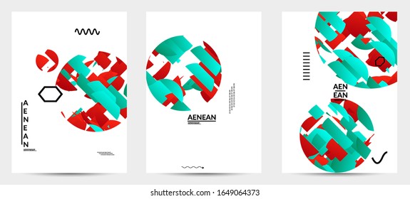 Abstract vector templates with geometric shapes filled with bright colored stripes. Digital hi tech visualization as global information design for marketing technology. Bid data industrial analyses.