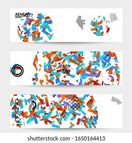 Abstract vector templates with geometric shapes filled with bright colored stripes. Digital hi tech visualization as global information design for marketing technology. Bid data industrial analyses.