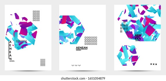 Abstract vector templates with geometric shapes filled with bright colored stripes. Digital hi tech visualization as global information design for marketing technology. Bid data industrial analyses.