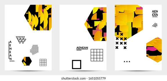 Abstract vector templates with geometric shapes filled with bright colored stripes. Digital hi tech visualization as global information design for marketing technology. Bid data industrial analyses.