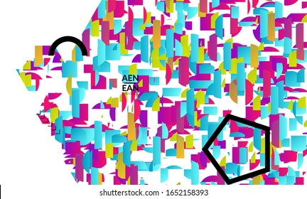 Abstract vector templates with geometric shapes filled with bright colored stripes. Digital hi tech visualization as global information design for marketing technology. Bid data industrial analyses.