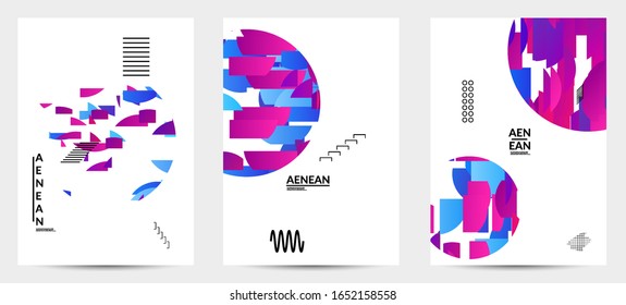 Abstract vector templates with geometric shapes filled with bright colored stripes. Digital hi tech visualization as global information design for marketing technology. Bid data industrial analyses.