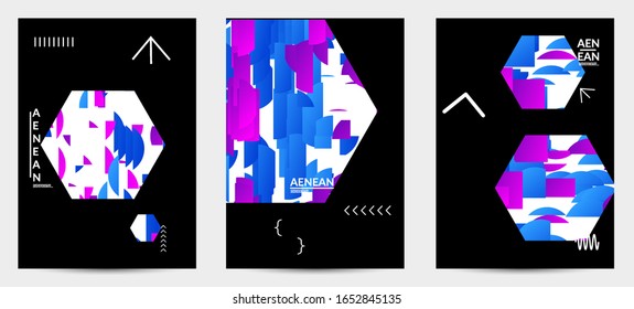 Abstract vector templates with geometric shapes filled with bright colored stripes. Digital hi tech visualization as global information design for marketing technology. Bid data industrial analyses.