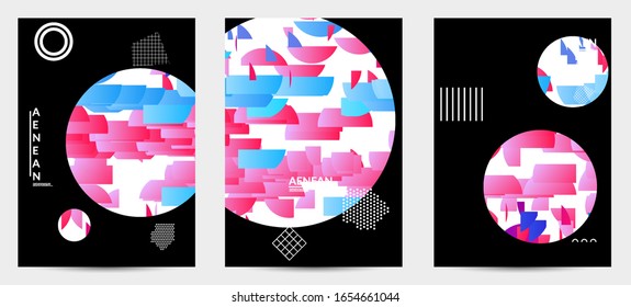 Abstract vector templates with geometric shapes filled with bright colored stripes. Digital hi tech visualization as global information design for marketing technology. Bid data industrial analyses.