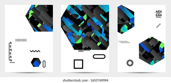 Abstract vector templates with geometric shapes filled with bright colored stripes. Digital hi tech visualization as global information design for marketing technology. Bid data industrial analyses.