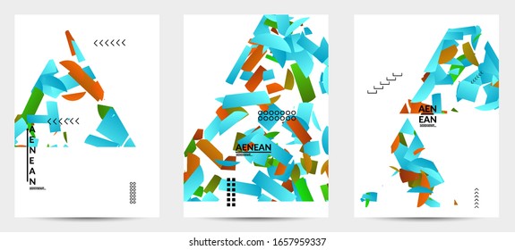 Abstract vector templates with geometric shapes filled with bright colored stripes. Digital hi tech visualization as global information design for marketing technology. Bid data industrial analyses.