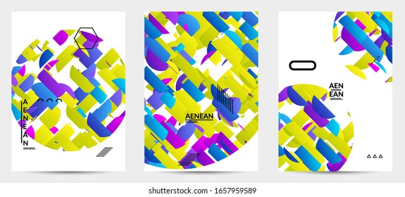 Abstract vector templates with geometric shapes filled with bright colored stripes. Digital hi tech visualization as global information design for marketing technology. Bid data industrial analyses.