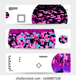 Abstract vector templates with geometric shapes filled with bright colored stripes. Digital hi tech visualization as global information design for marketing technology. Bid data industrial analyses.