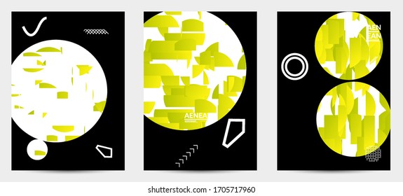 Abstract vector templates with geometric shapes filled with bright colored stripes. Digital hi tech visualization as global information design for marketing technology. Bid data industrial analyses.