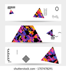 Abstract vector templates with geometric shapes filled with bright colored stripes. Digital hi tech visualization as global information design for marketing technology. Bid data industrial analyses.