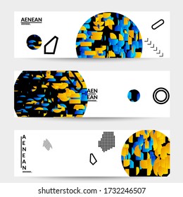 Abstract vector templates with geometric shapes filled with bright colored stripes. Digital hi tech visualization as global information design for marketing technology. Bid data industrial analyses.