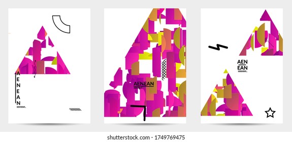 Abstract vector templates with geometric shapes filled with bright colored stripes. Digital hi tech visualization as global information design for marketing technology. Bid data industrial analyses.