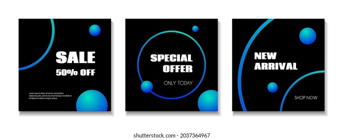 Abstract vector templates for social media posts. Sale banners for online store. Dark minimal trendy backgrounds with blue cosmic circles