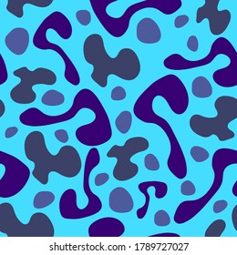 Abstract vector textile seamless pattern. Blue background with rounded shapes, spots, blotches. Blue camouflage pattern.