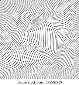 Abstract vector texture of curving lines, black and white narrow stripes, visual halftone effect, illusion of movement, op art pattern, dynamical ripply surface, artistic monochrome background  