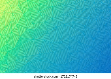 Abstract vector texture. Gradient fade with parallel lines and polygonal triangles. Fading halftone vector with blending vibrant colors. Turquoise and azure transition with yellow background.